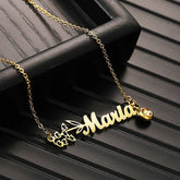 Customized Horizontally Birth Flower & Birthstone Name Necklace Gold Plated