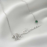 Customized Horizontally Birth Flower & Birthstone Name Necklace Silver Plated
