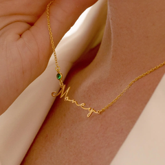 Birthstone Signature Name Necklace silver Plated