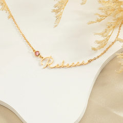 Birthstone Signature Name Necklace silver Plated