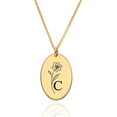 Birth Flower Initial Tag Necklace Silver Plated
