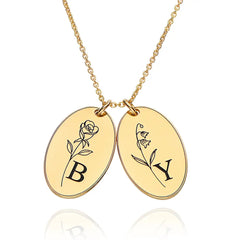 Birth Flower Initial Tag Necklace Silver Plated