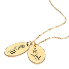 Birth Flower Initial Tag Necklace Silver Plated